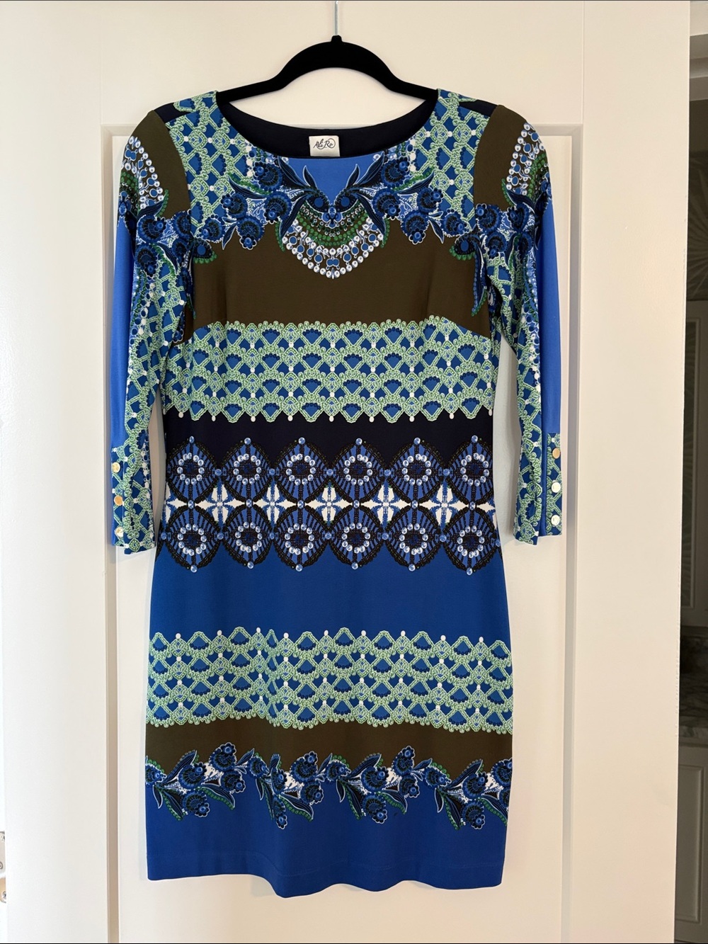 Ali Ro Blue and Olive Patterned Long Sleeve Dress